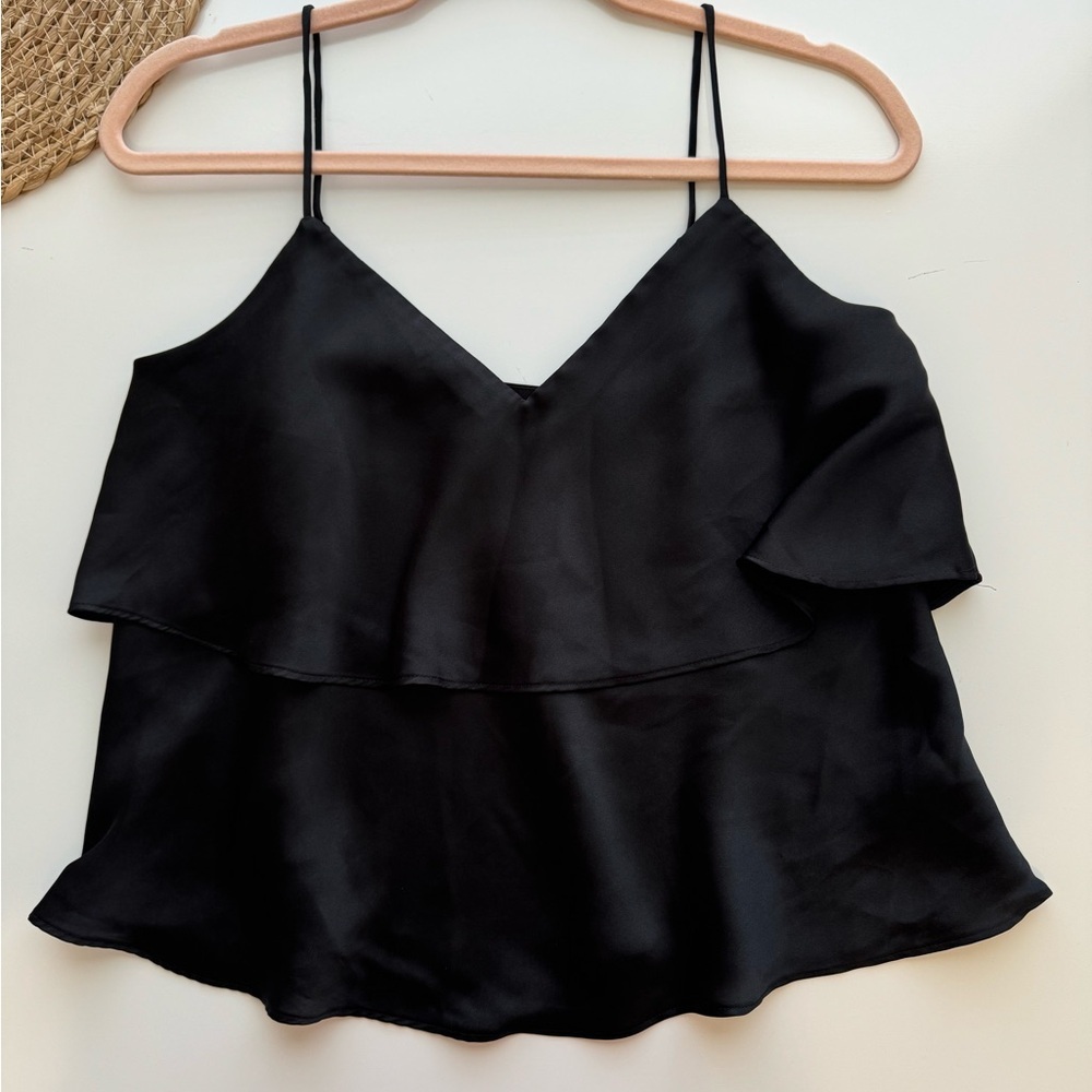 Express Black Silky V-Neck Ruffle Sleeveless Top Size Small